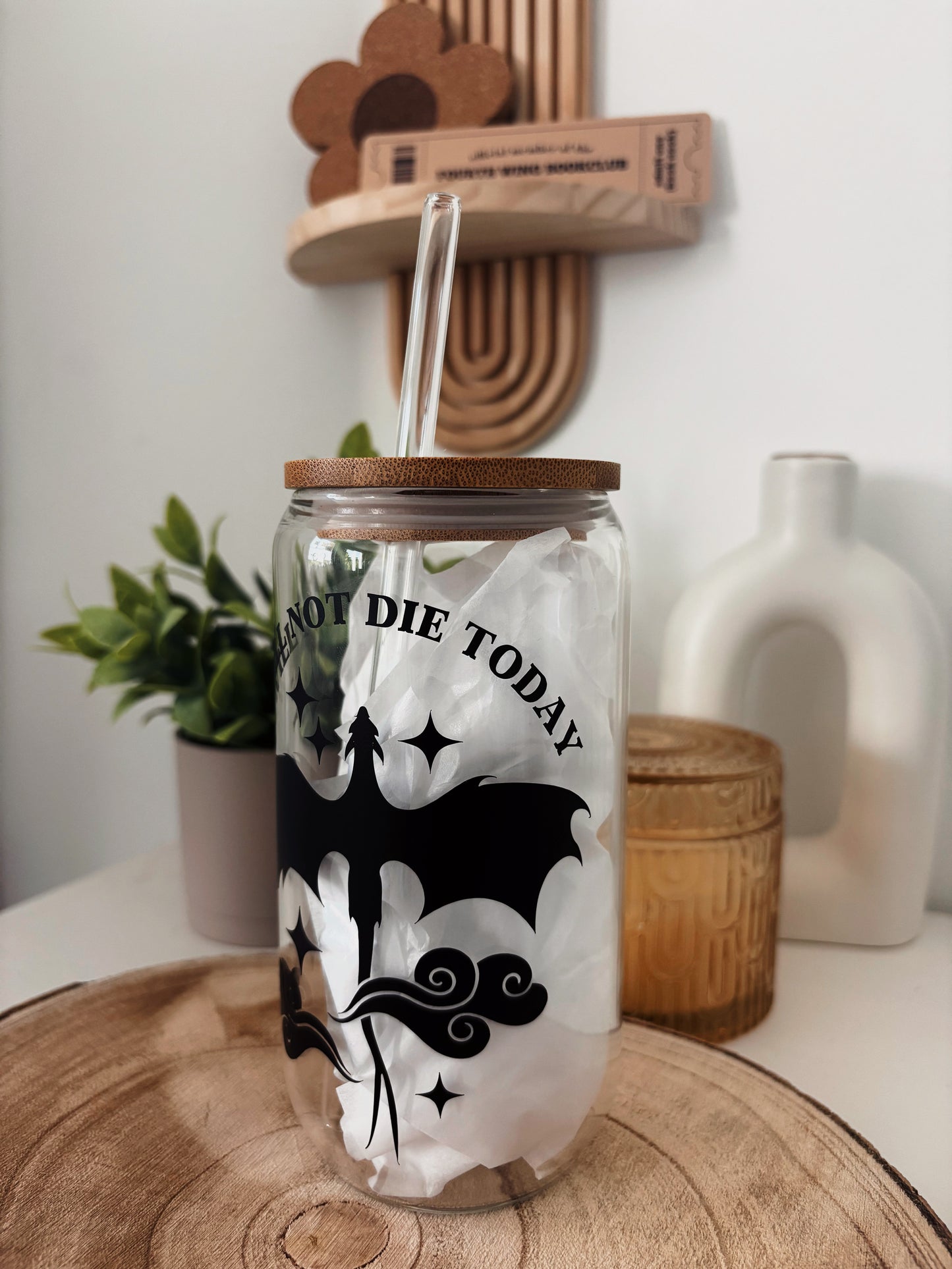 „I will not die today“ 🐉🖤| Glastumbler | 475ml | incl. Bambusdeckel und Glasstrohhalm