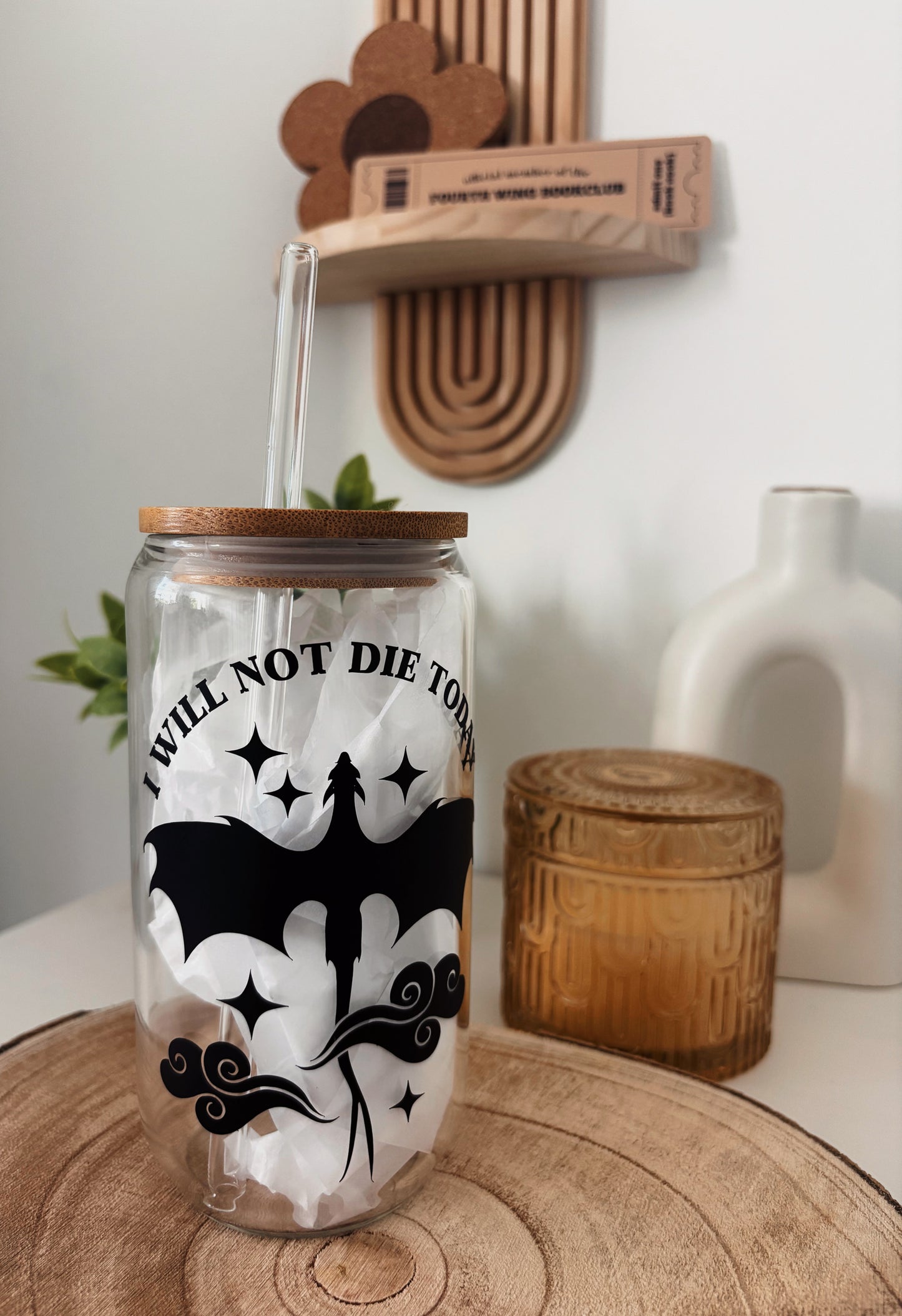 „I will not die today“ 🐉🖤| Glastumbler | 475ml | incl. Bambusdeckel und Glasstrohhalm